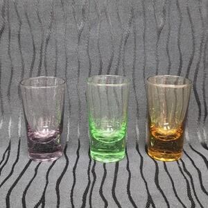 Vintage Colored Shot Glass Set Pink Green Amber Heavy Base Barware 3pc